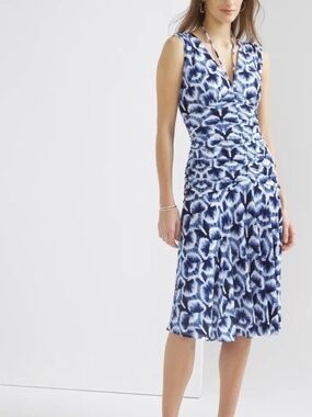 White House Black Market Blue Flower Print Ruched Midi Dress Size 0 NW0T